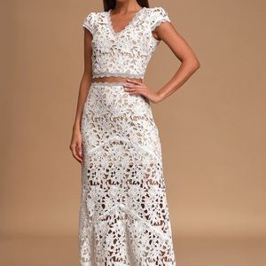 Lulu’s White Crochet Lace Two-Piece Maxi dress